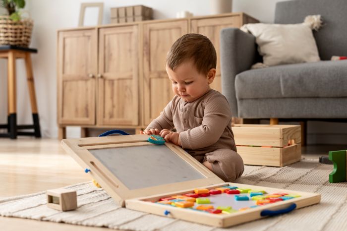 1歳くらいの子どもが室内でおもちゃ遊びをするイメージ